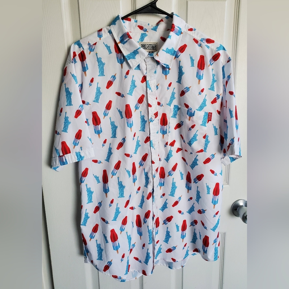 RSVLTS Anerica Pops And Freedom Button Down Men"s Shirt Sz L Novelty Patriotic